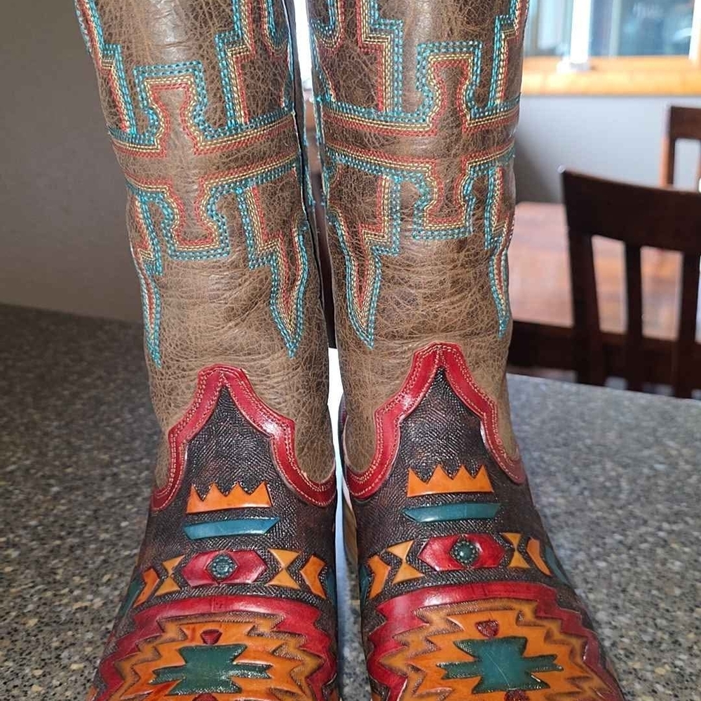 Tin Haul Brown Multi-Color Embroidered Western Heeled Boots